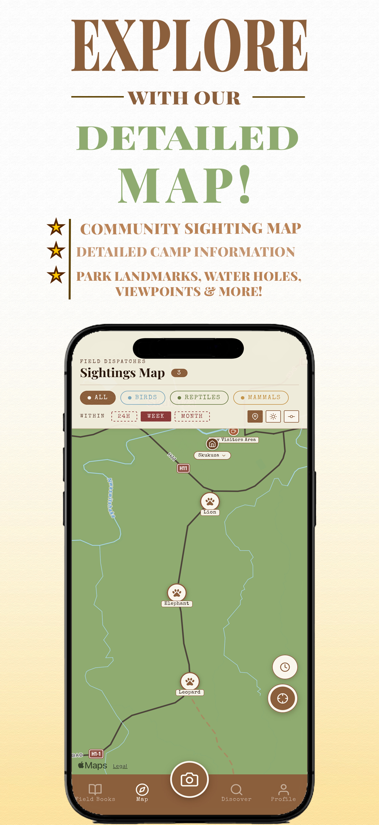 The community sightings map of Kruger National Park